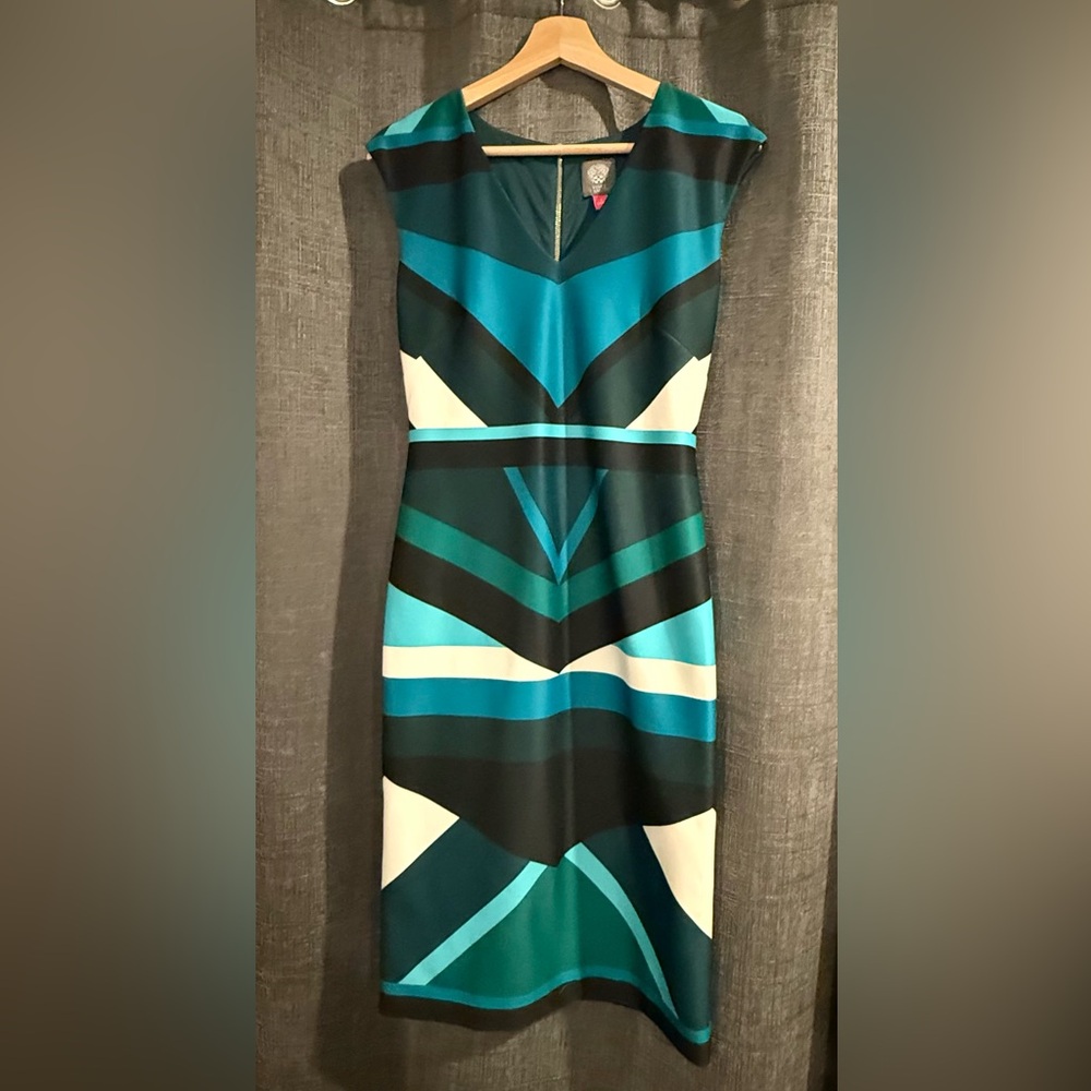 Vince Camuto Teal and Black Chevron Sheath Dress